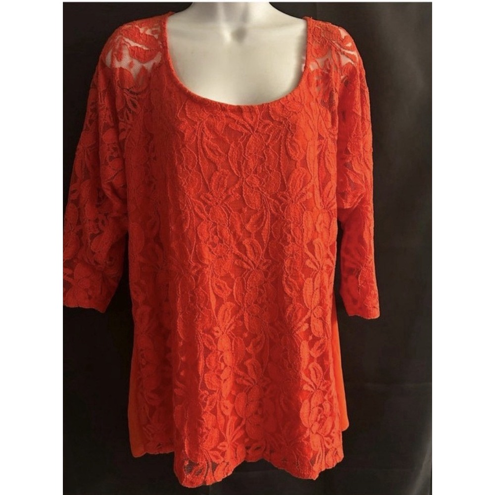 New XL Signature Studio Tangerine Floral Lace Front Blouse #1819*8